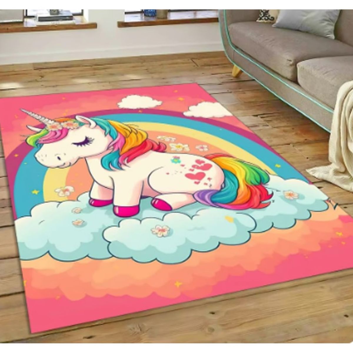 SMARTY - Alfombra Lisa Infantil Diseño Unicornio Arcoiris y Nube 120x160CM