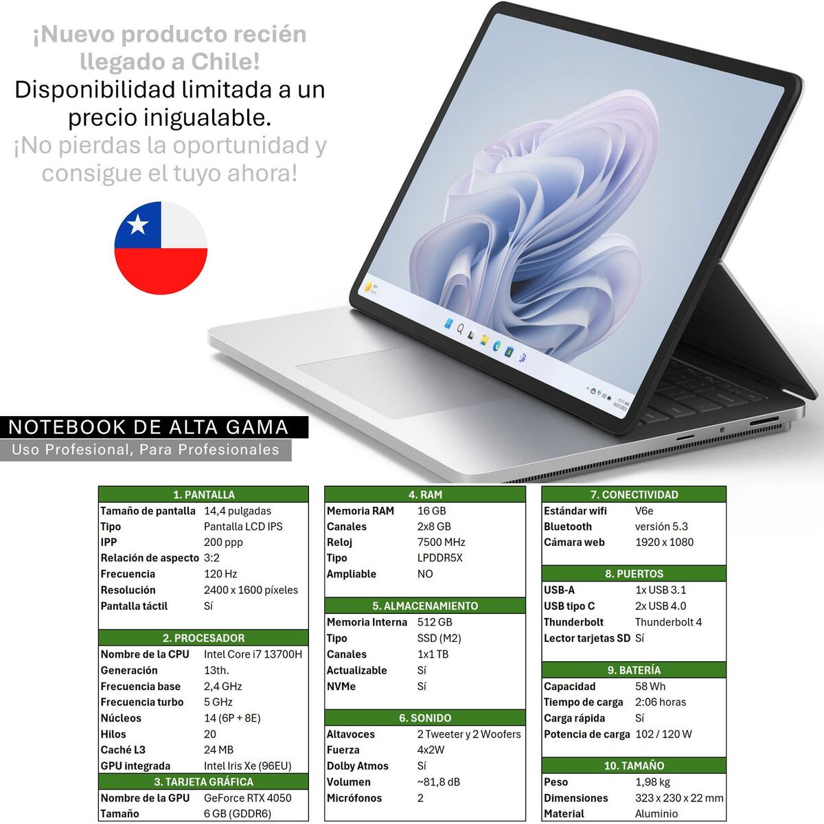 OEM - Surface Laptop Studio 2 - Intel Ultra 7 13Gen RAM 16GB + SSD 512GB - Video 6GB