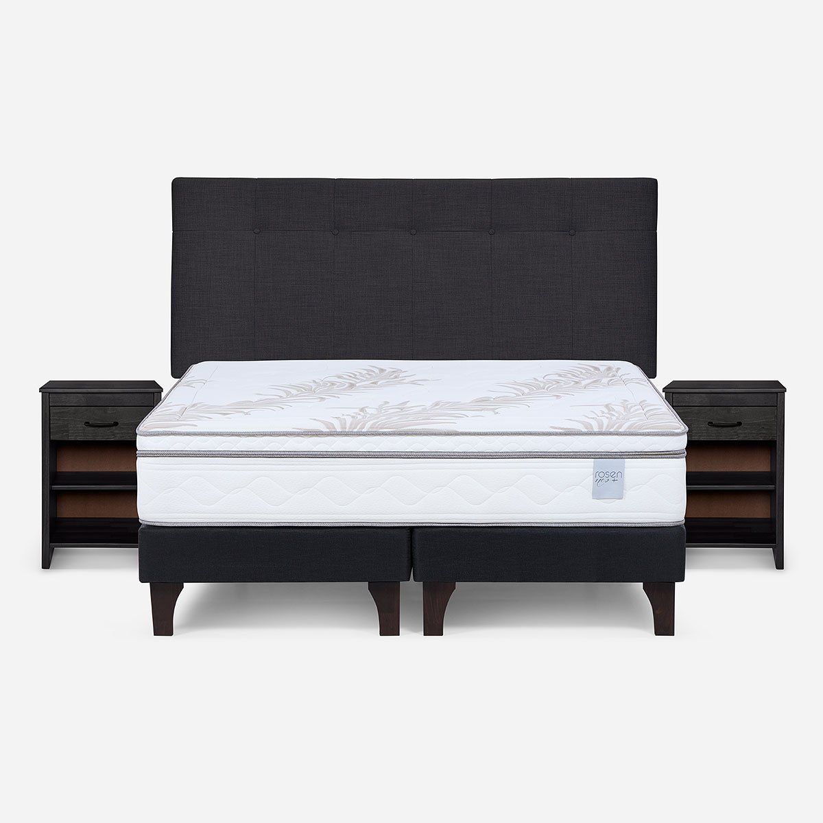 ROSEN - Cama Europea Neo Plus 2 Plazas+Respaldo N.B. Grafito+Velador