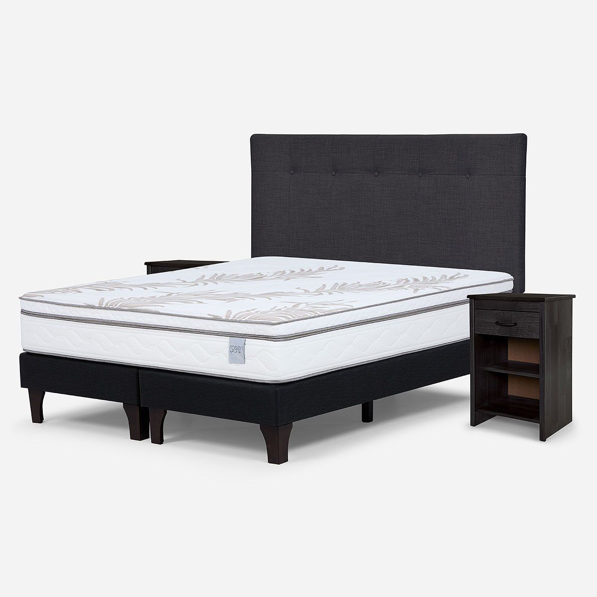 ROSEN - Cama Europea Neo Plus 2 Plazas+Respaldo N.B. Grafito+Velador