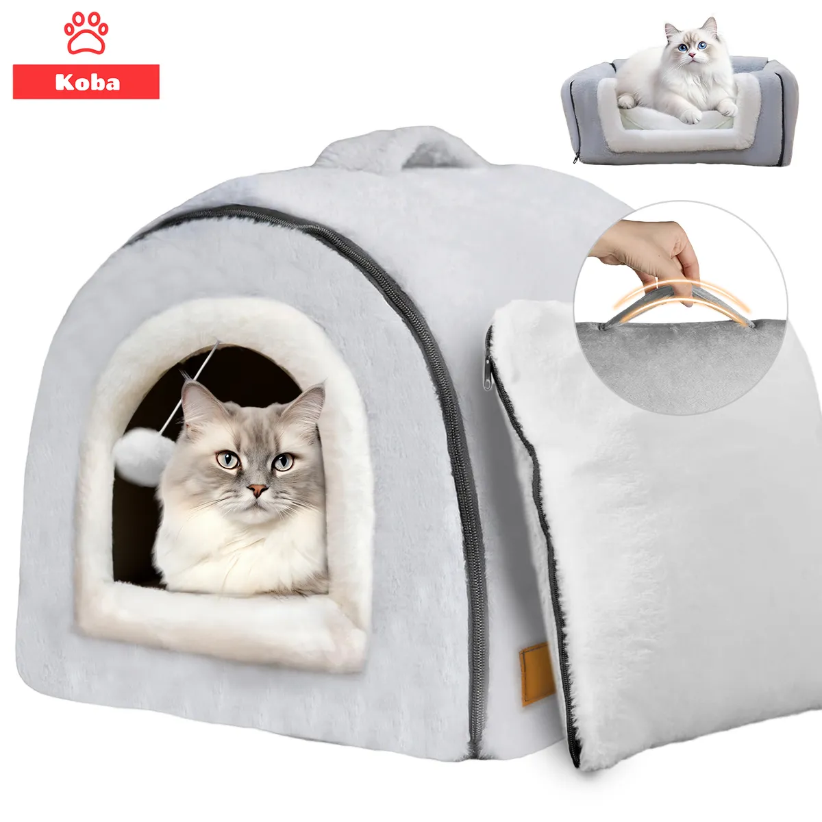 KOBA - 2 En 1 Cama Y Casa Iglu Gatos Perros Portatil Con Cojín Bola