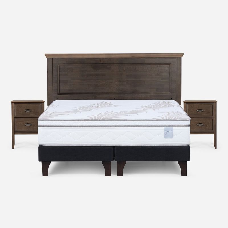 ROSEN - Cama Europea Neo Plus 2 Plazas + Respaldo + Veladores Anna