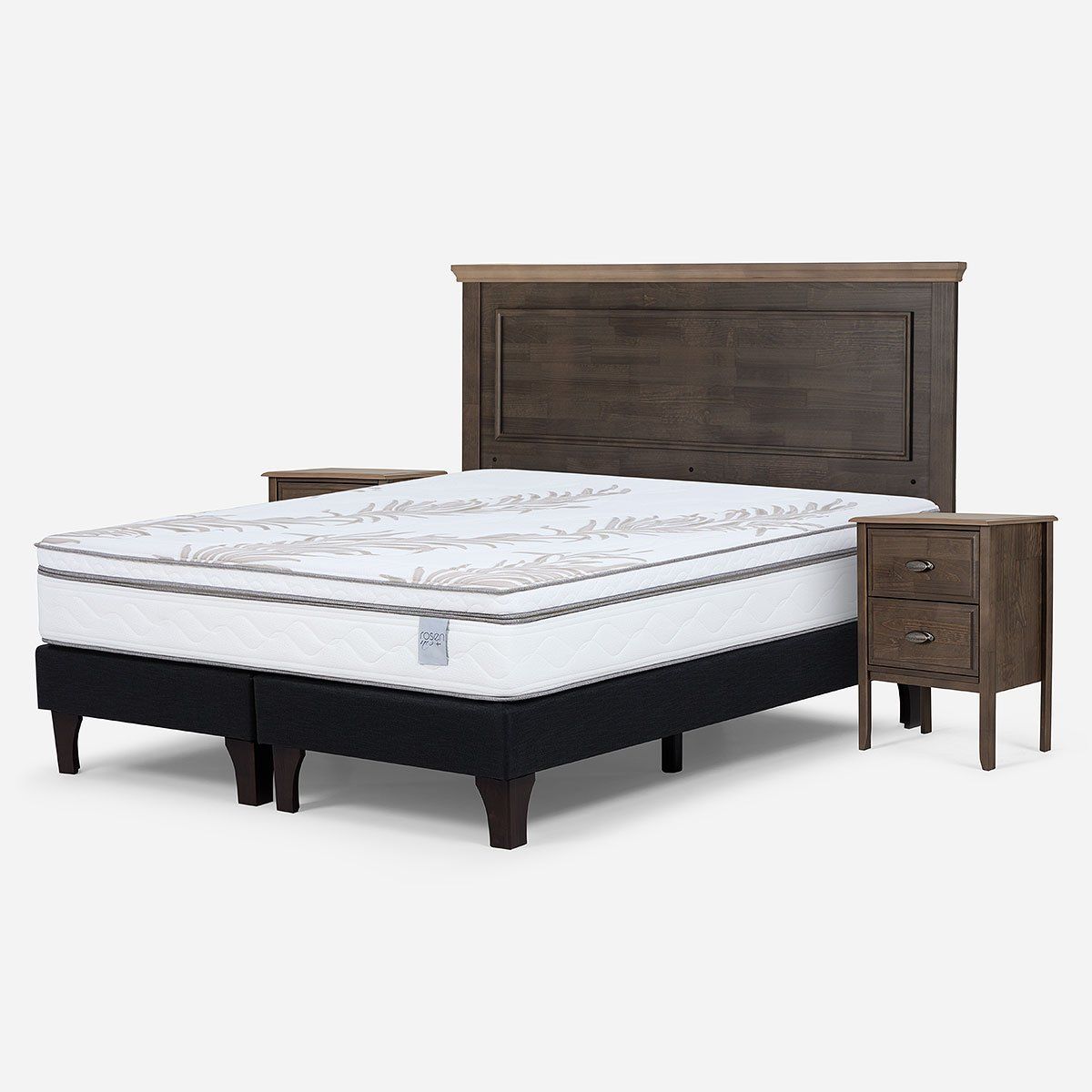 ROSEN - Cama Europea Neo Plus 2 Plazas + Respaldo + Veladores Anna