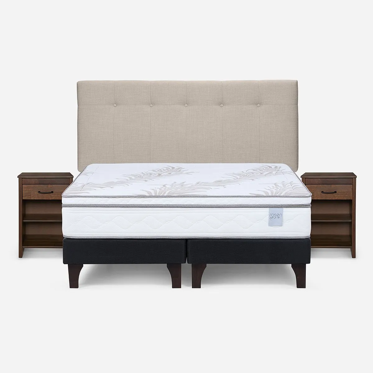 ROSEN - Cama Europea Neo Plus 2 Plazas+Respaldo N.B Natural+Velador