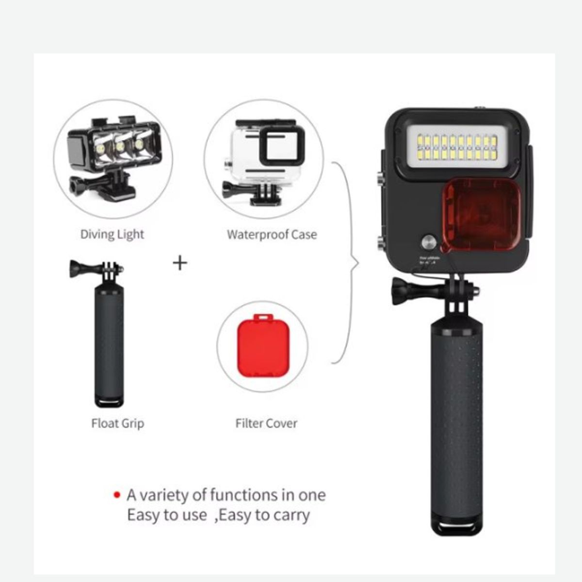 GENERICO - CARCASA + FOCO LED + MANGO SUMERGIBLE 40M GOPRO 3 4 5 6 7