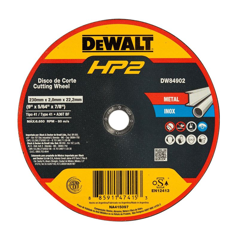 DEWALT - Disco de corte 9” Acero inoxidableMetal DEWALT DW84902