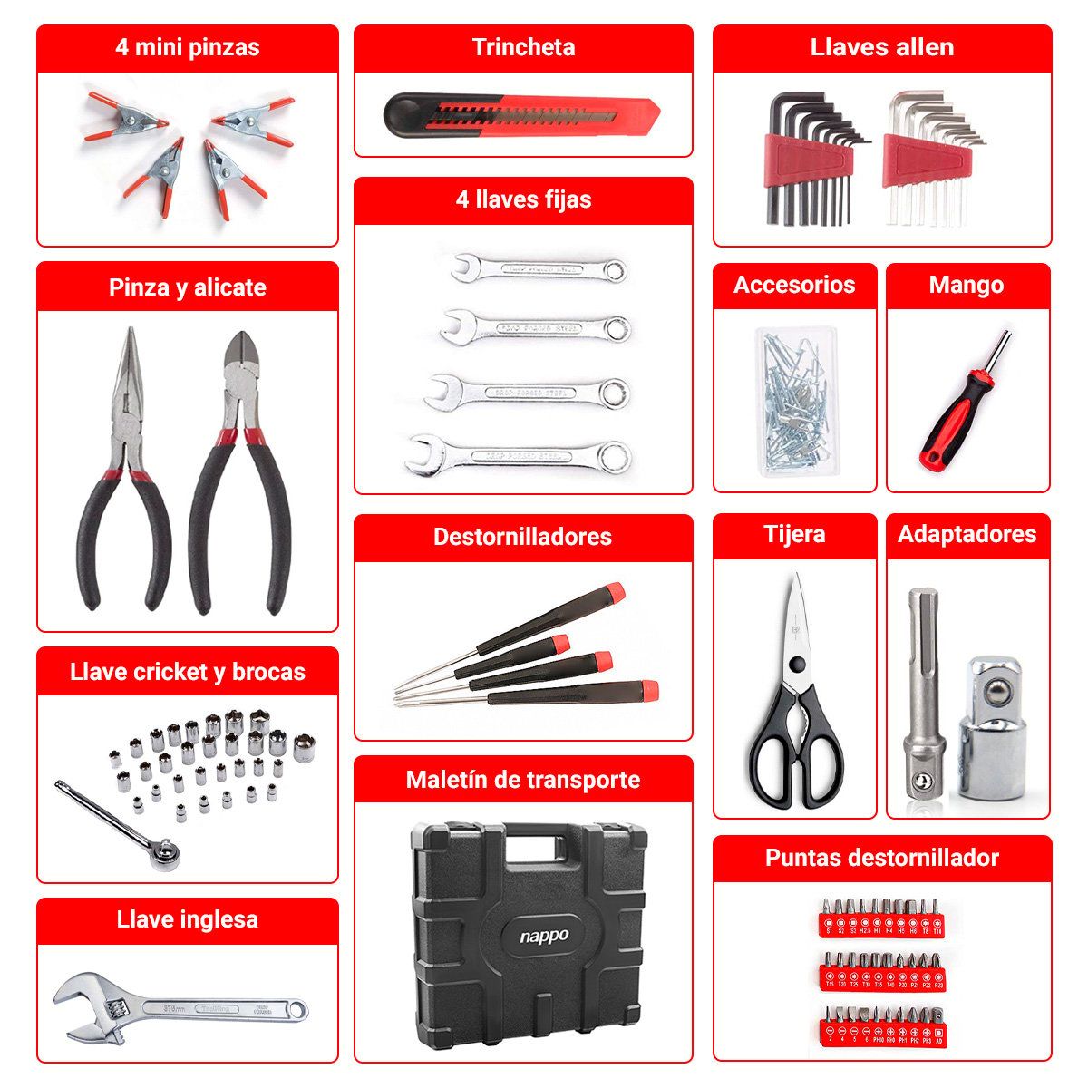 NAPPO - Kit de Herramientas Nappo 189 Piezas y Maletín