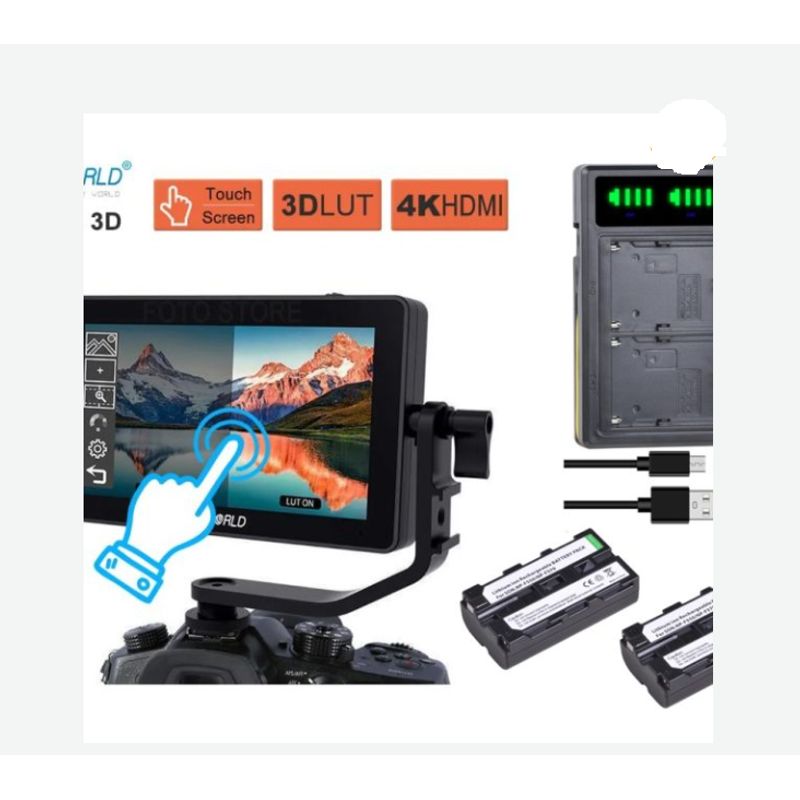 GENERICO - KIT MONITOR FEELWORLD F6 PLUS TOUCH 4K+2BATERÍAS NP-F550+CARGADOR DUO