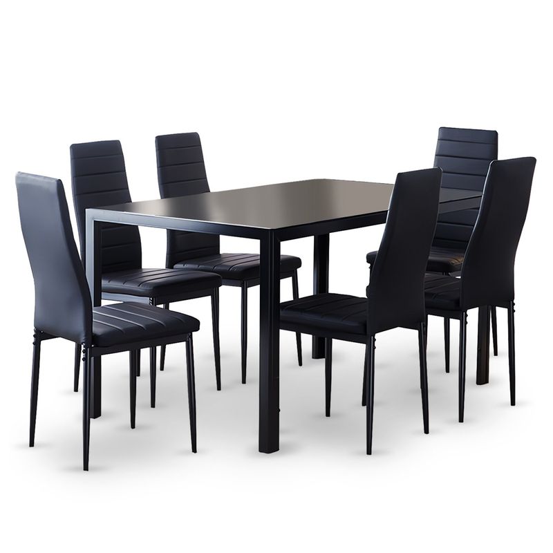 NOVAHUS - Comedor Mesa Vidrio 75x80x150 6 Sillas PU Negro.