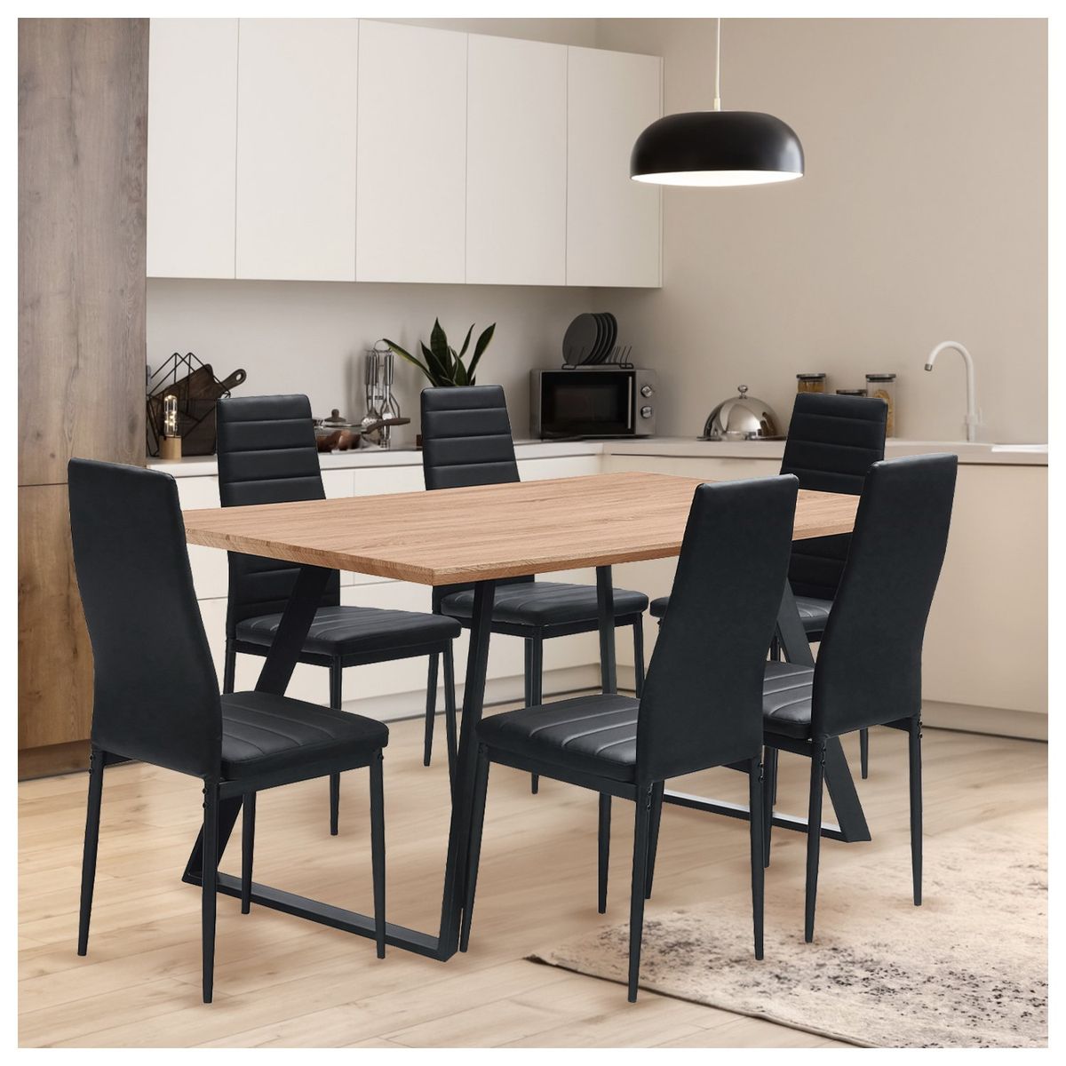 NOVAHUS - Comedor Chelsea Mesa 75x80X150 6 Sillas Pu Negro.