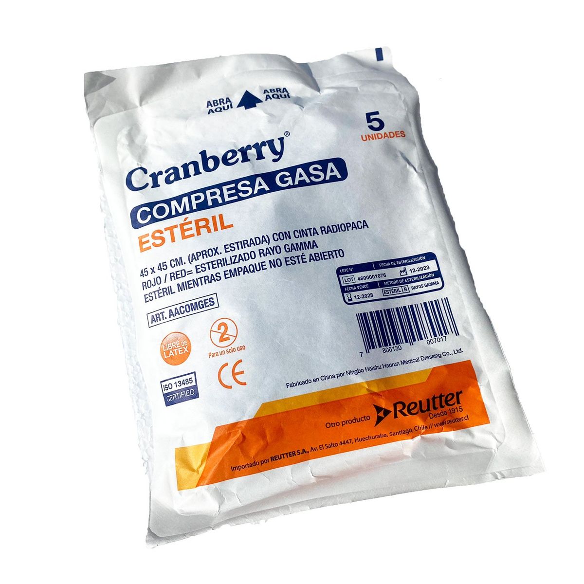 CRANBERRY - Compresa de Gasa 45x45 estéril cinta radiopaca 2 unidades