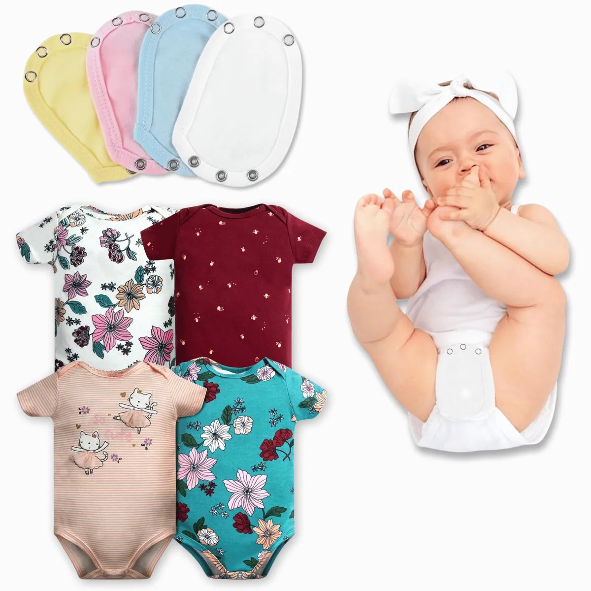 TEDMIMAK - Pack 4 Unidades Extensor Body Bebé +Pack 4 Bodys Niña Rosa Bailarina