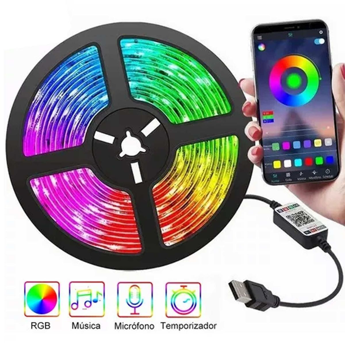 GENERICO - Tira LED RGB Bluetooth USB de 5metros con Control App