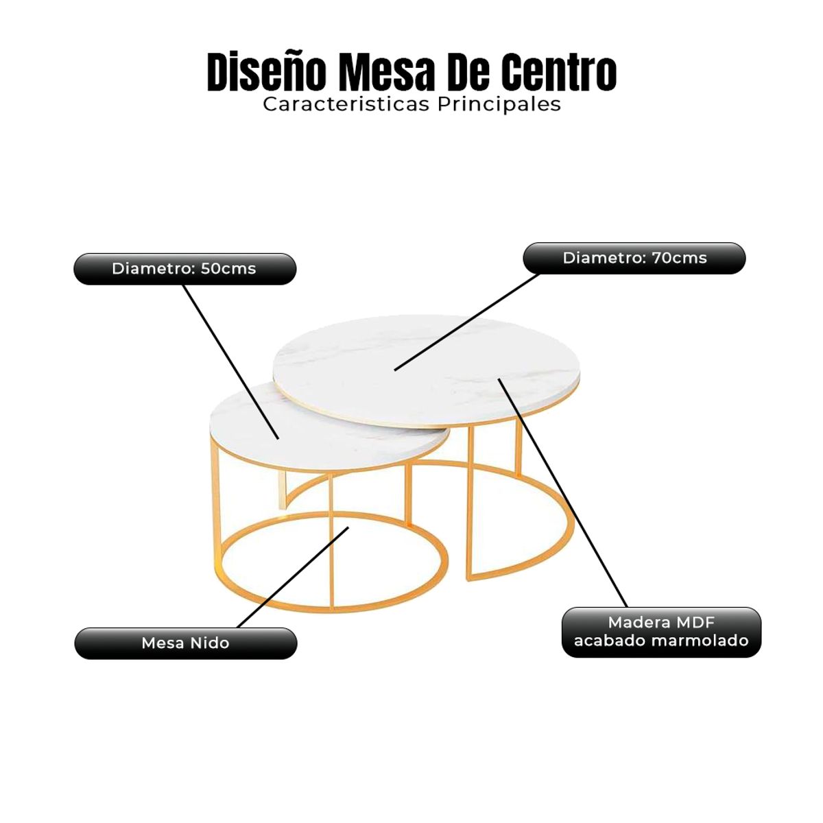 TIENDA EL GARAGE - Mesa Centro Nido 2 Piezas Marmolada 50 y 70 cm