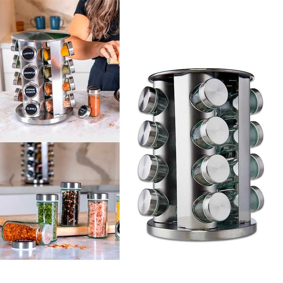 GENERICO - Especiero Giratorio de Acero Inoxidable para 16 Especias