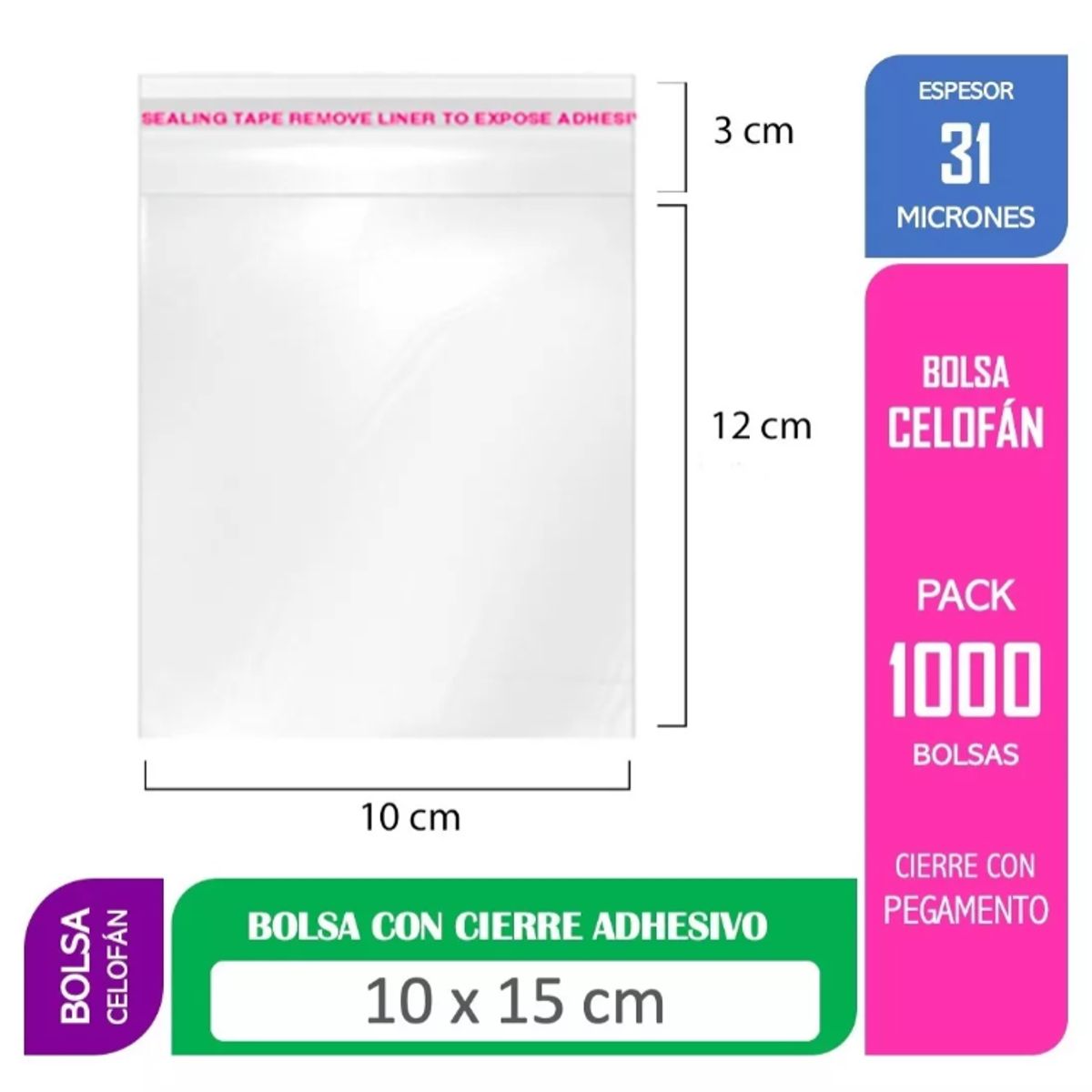 KUANGYE - Bolsa Tipo Celofán Cierre Con Adhesivo 10x15 Cms 1000 Unds