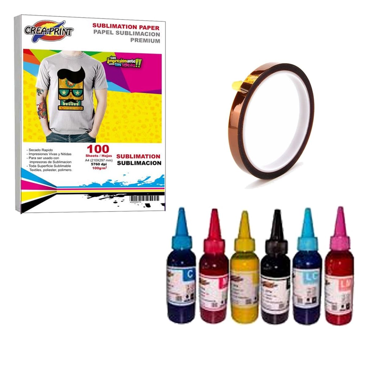 CREA PRINT - Pack Sublimacion 100 hojas papel A4  600 ml de tinta Sublimacion  Tape