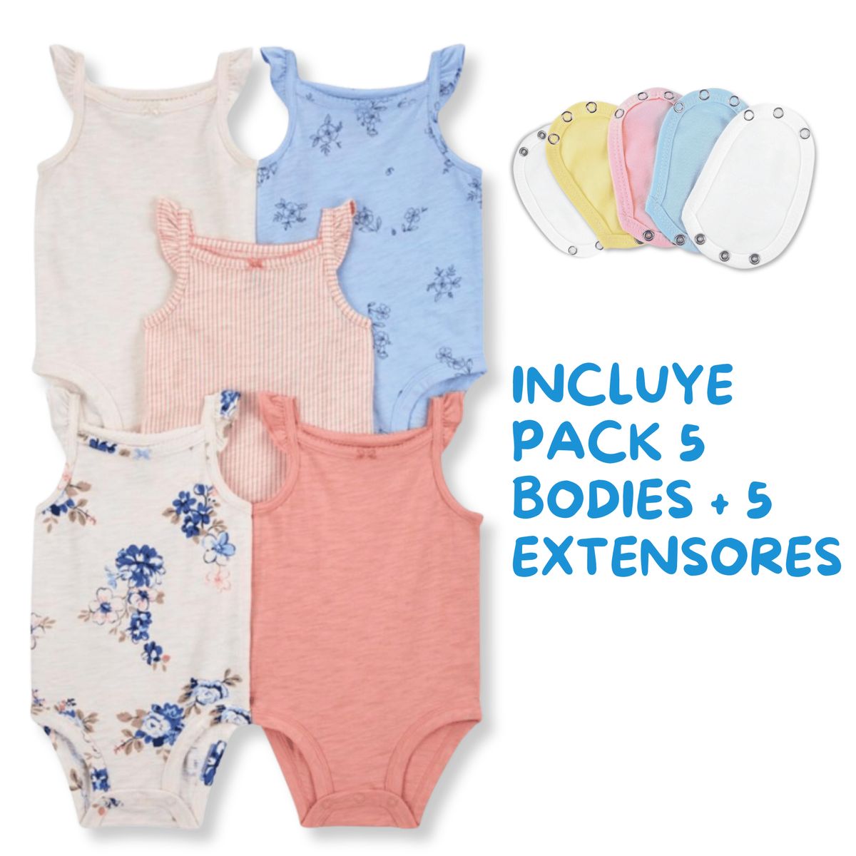 TEDMIMAK - Pack 5 Unidades Extensor Body Bebé +Pack 5 Bodys Niña Flores