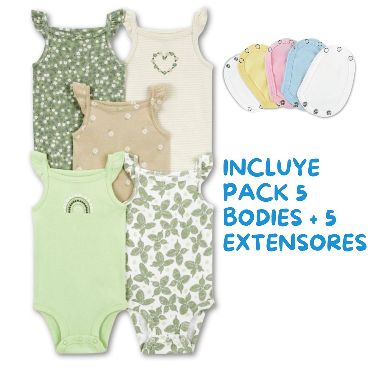TEDMIMAK - Pack 5 Unidades Extensor Body Bebé +Pack 5 Bodys Niña Mariposas