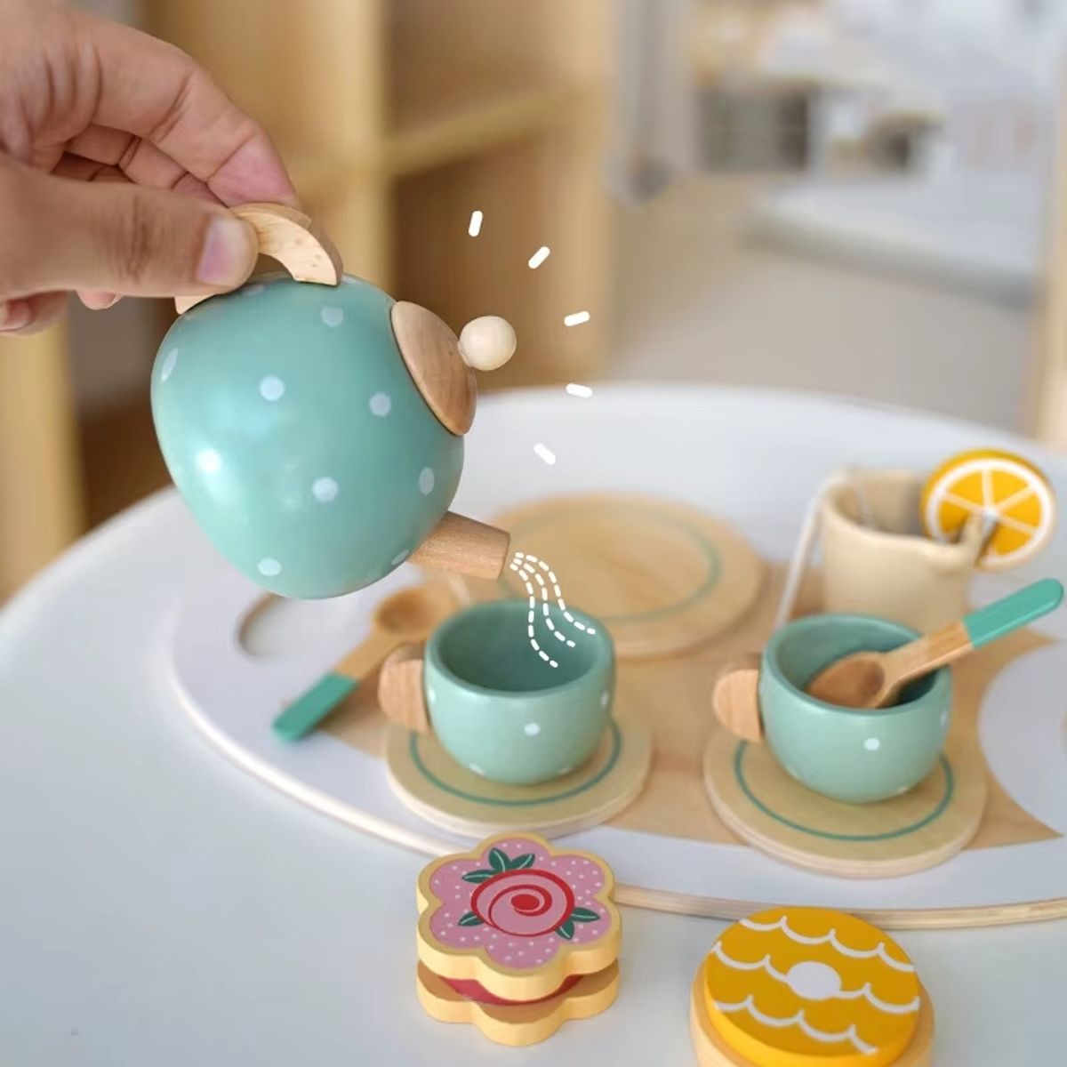 GENERICO - Juego De Té Café En Madera Verde para Niños Froze cod10025 Piezas Juego Rol Educativo Montessori