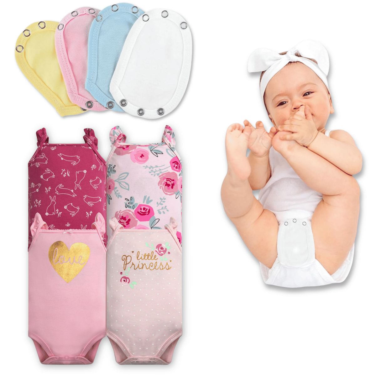 TEDMIMAK - Pack 4 Unidades Extensor Body Bebé +Pack 4 Bodys Niña Little Princess