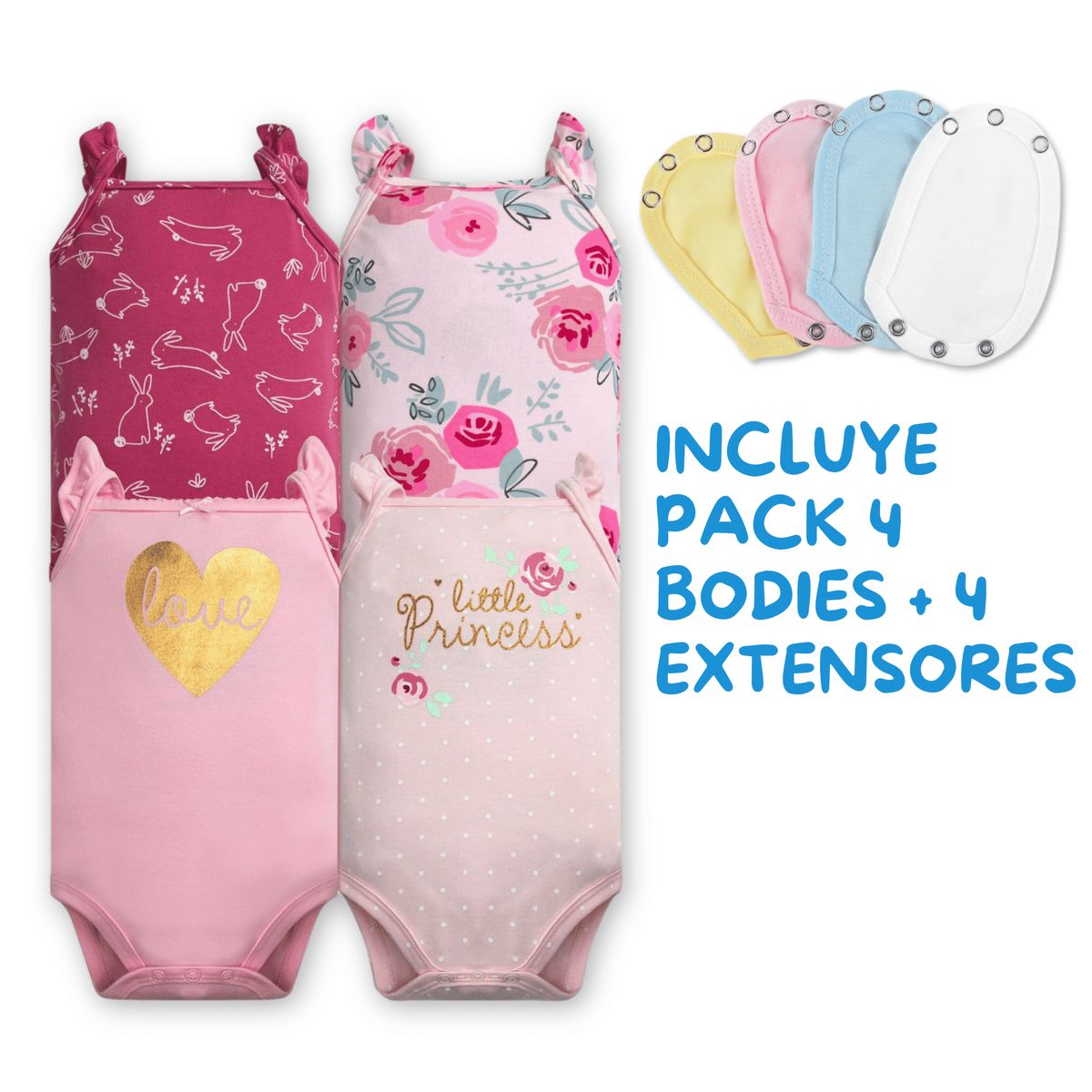 TEDMIMAK - Pack 4 Unidades Extensor Body Bebé +Pack 4 Bodys Niña Little Princess