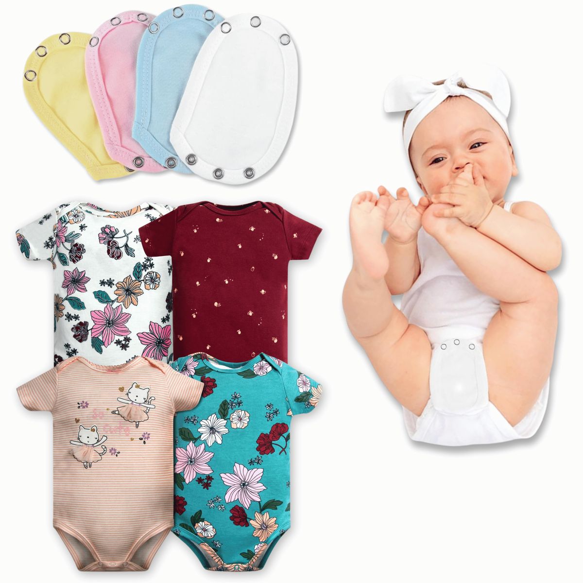 TEDMIMAK - Pack 4 Unidades Extensor Body Bebé +Pack 4 Bodys Niña Rosa Bailarina