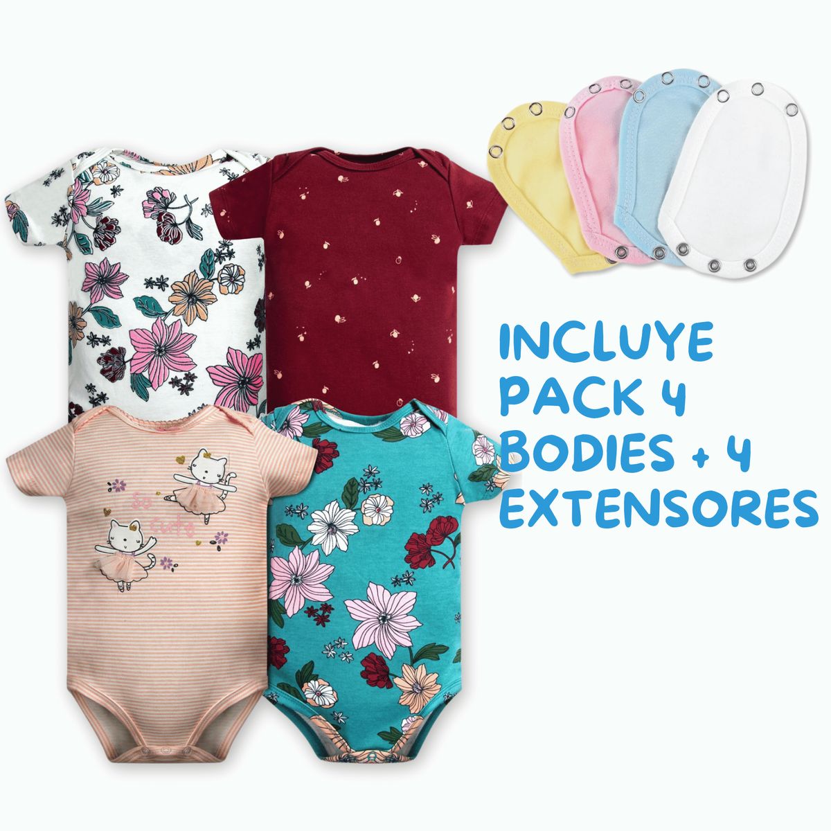 TEDMIMAK - Pack 4 Unidades Extensor Body Bebé +Pack 4 Bodys Niña Rosa Bailarina