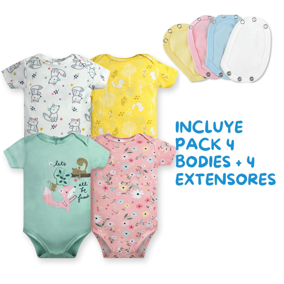 TEDMIMAK - Pack 4 Unidades Extensor Body Bebé +Pack 4 Bodys Niña Animales Animado