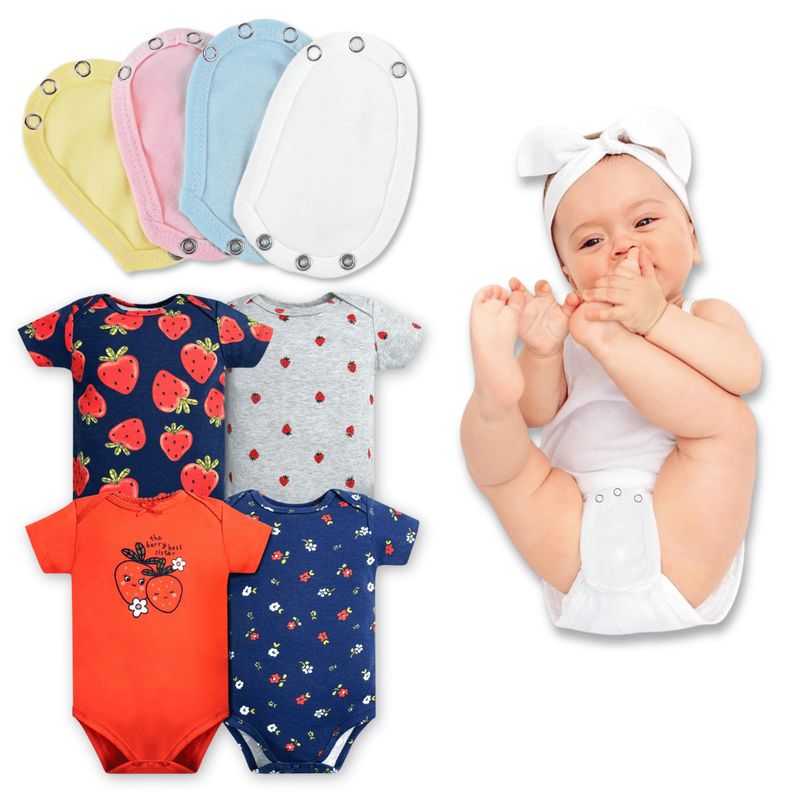 TEDMIMAK - Pack 4 Unidades Extensor Body Bebé +Pack 4 Bodys Niña Fresas Rojo