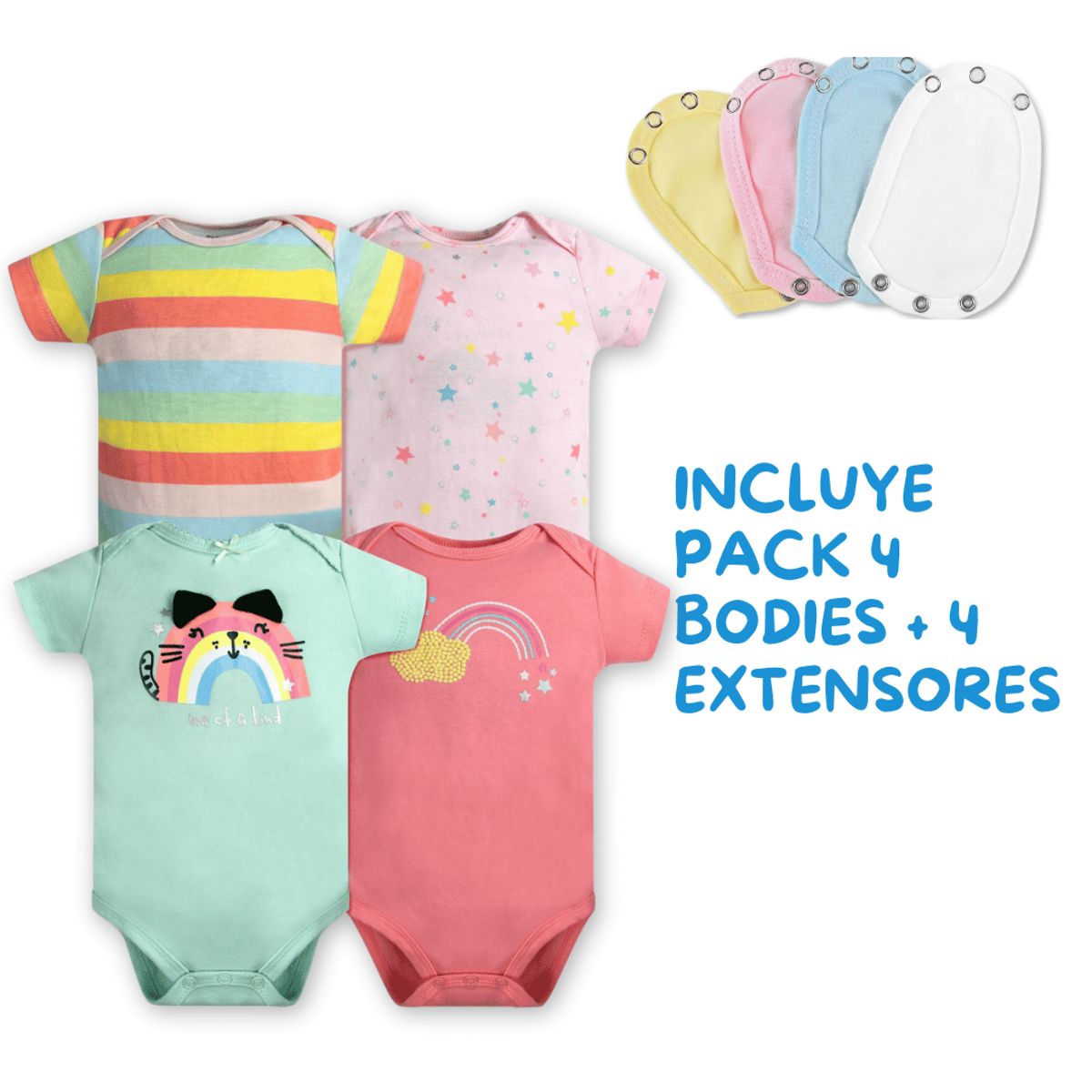 TEDMIMAK - Pack 4 Unidades Extensor Body Bebé +Pack 4 Bodys Niña Arcoiris