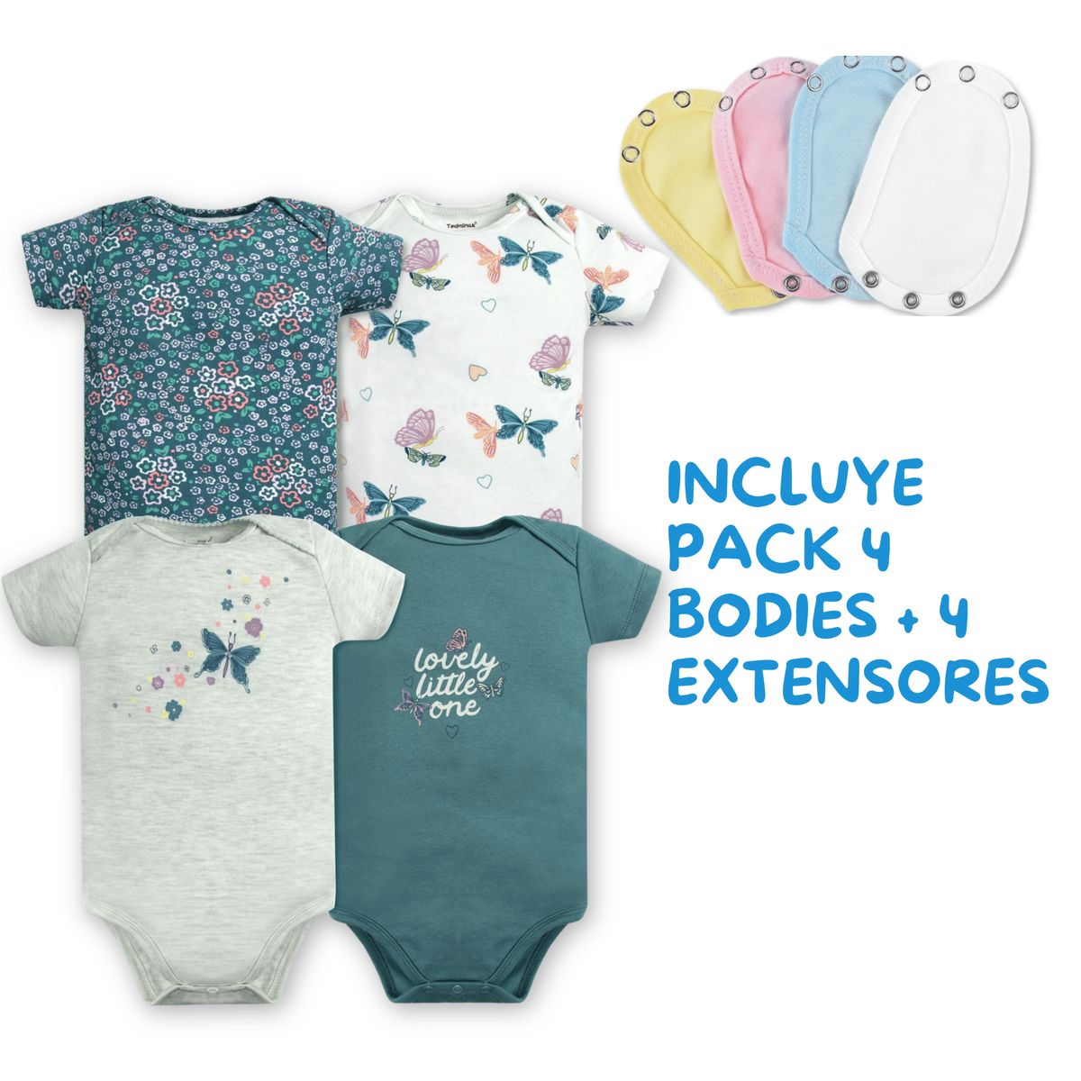 TEDMIMAK - Pack 4 Unidades Extensor Body Bebé +Pack 4 Bodys Niña Fresas Rojo