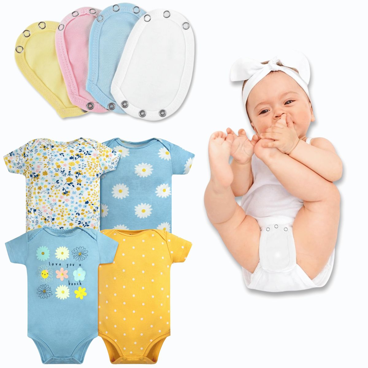 TEDMIMAK - Pack 4 Unidades Extensor Body Bebé +Pack 4 Bodys Niña Girasol Amarillo