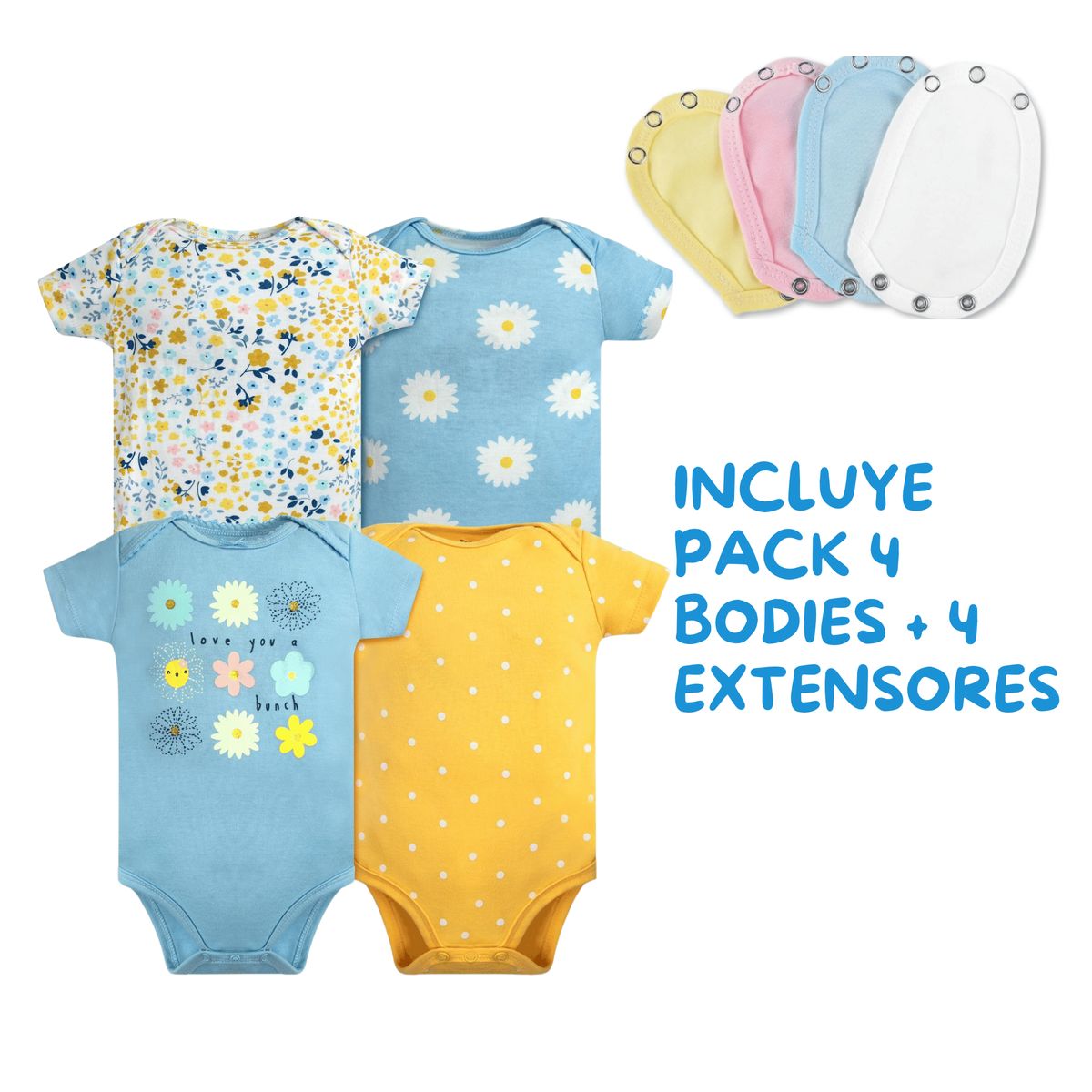 TEDMIMAK - Pack 4 Unidades Extensor Body Bebé +Pack 4 Bodys Niña Girasol Amarillo
