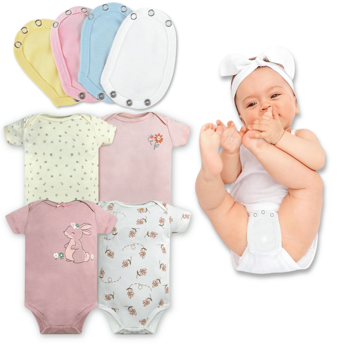 TEDMIMAK - Pack 4 Unidades Extensor Body Bebé +Pack 4 Bodys Niña Conejos Rosa