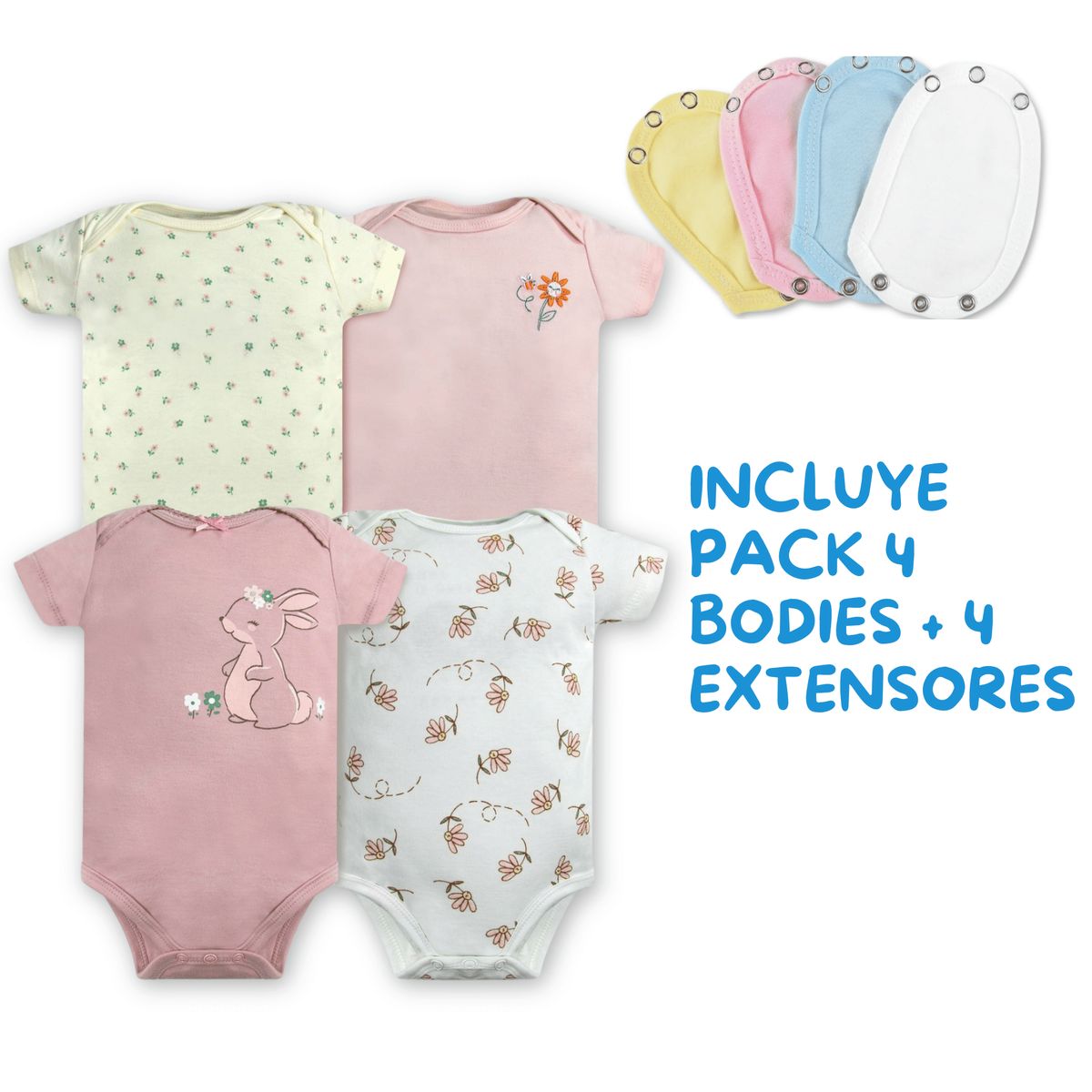 TEDMIMAK - Pack 4 Unidades Extensor Body Bebé +Pack 4 Bodys Niña Conejos Rosa