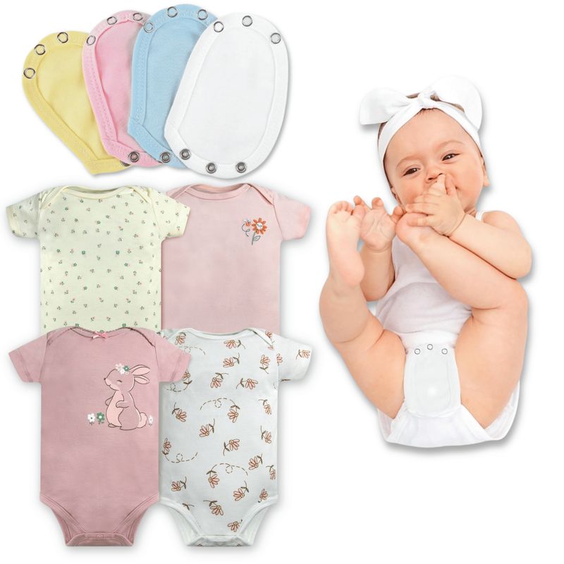 TEDMIMAK - Pack 4 Unidades Extensor Body Bebé +Pack 4 Bodys Niña Conejos Rosa_.