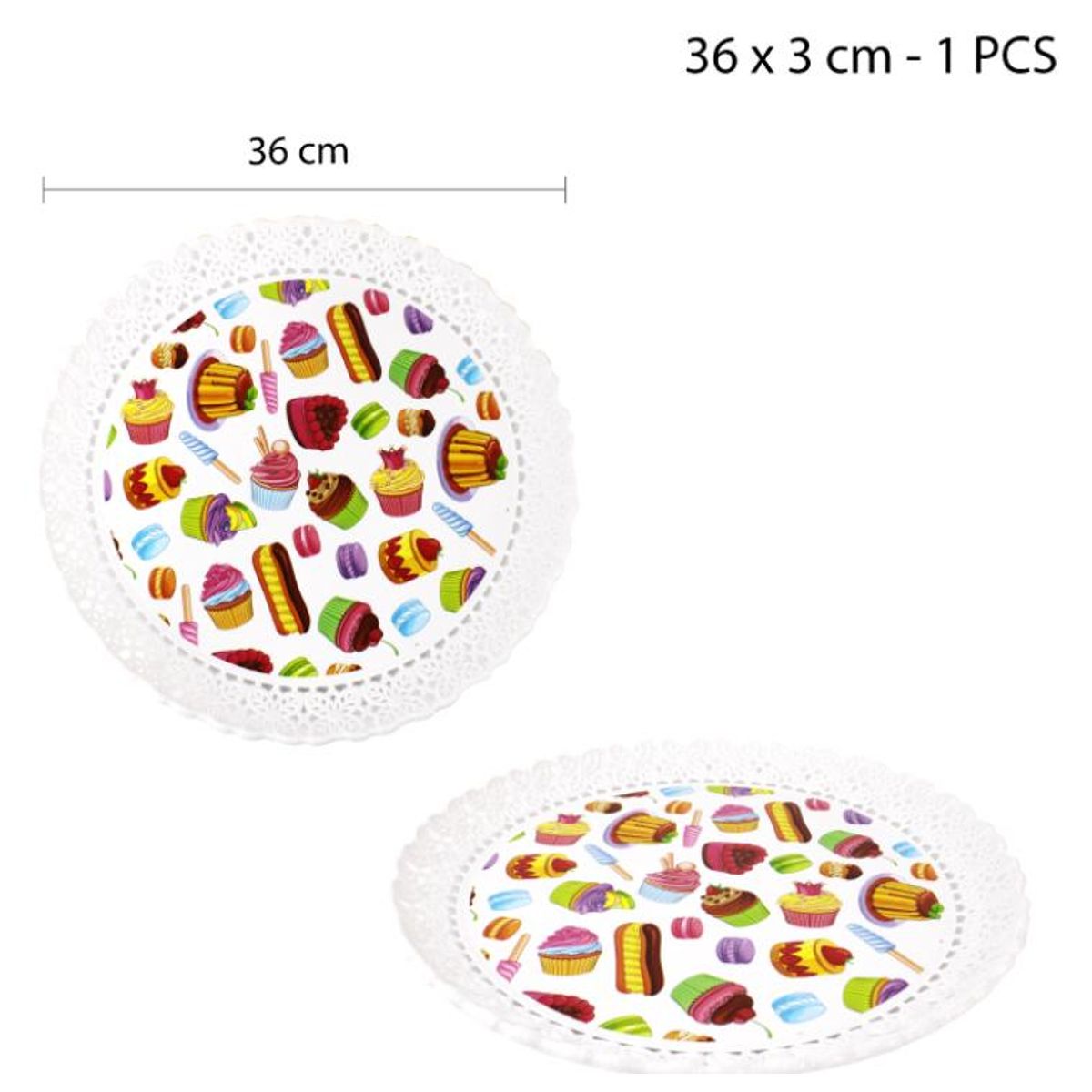 GENERICO - BANDEJA PLÁSTICA REDONDA DECORADA - 36 CM PARA CUMPLEAÑOS