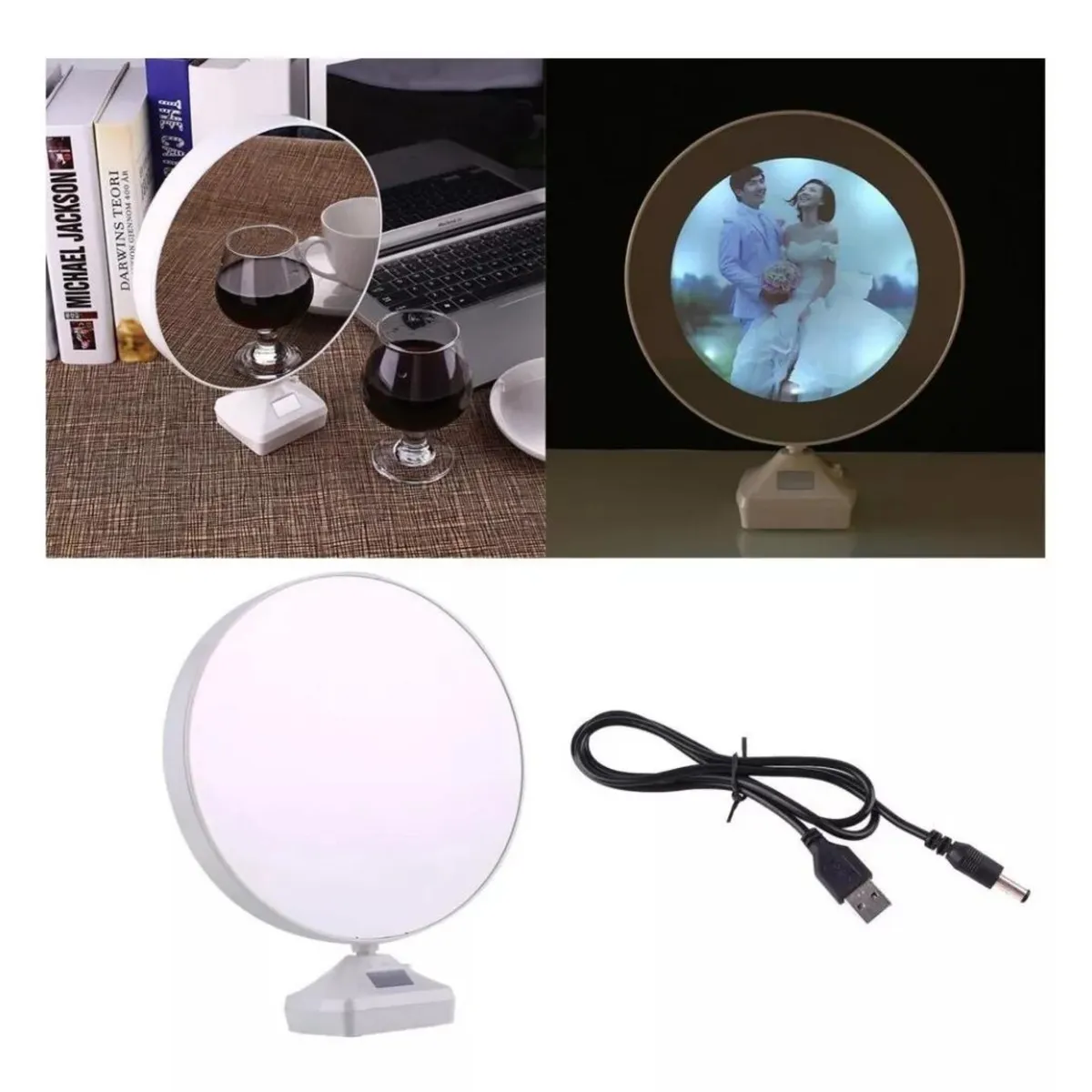 GENERICO - Espejo con Luz Led y Marco de Foto Multifuncional Recargable.