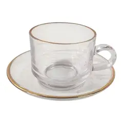 GENERICO - Set de 6 Tazas de Vidrio para Café con Borde Dorado Incluye Platillo