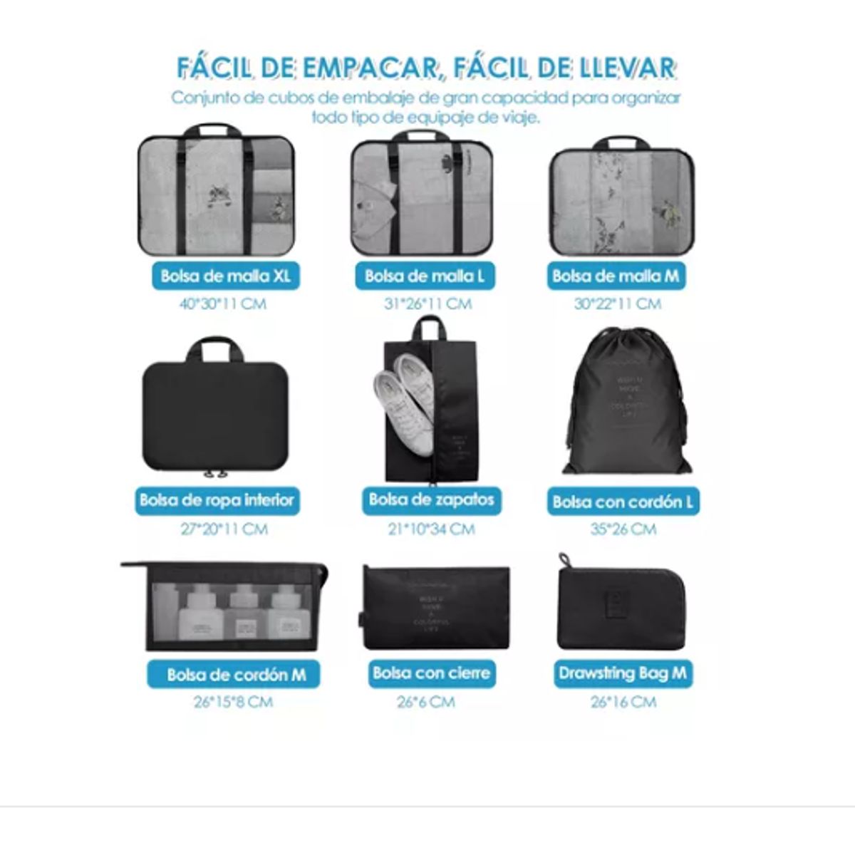 GENERICO - Bolsas Organizadoras De Maleta Viajes Impermeables, 9 Piezas