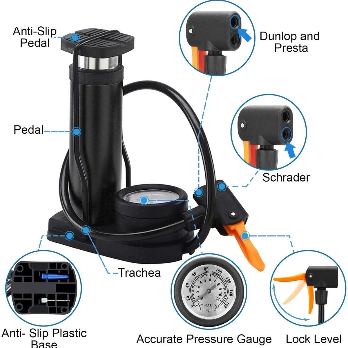 KUANGYE - Bombín De Pie Profesional Multiuso Bicicletabalones 160psi