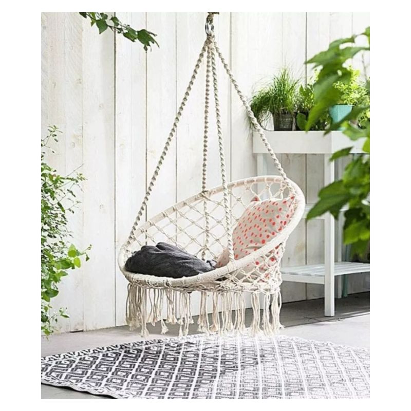 GENERICO - Silla Colgante Tejita De Borlas Unicolor Beige Tipo Columpio