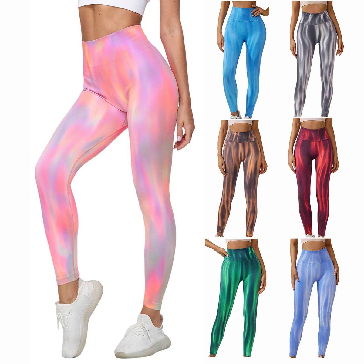 EVERSO - Pack 6 Leggings Calza Deportivos Tie Dye Cintura Ancha aurora Fit Yoga