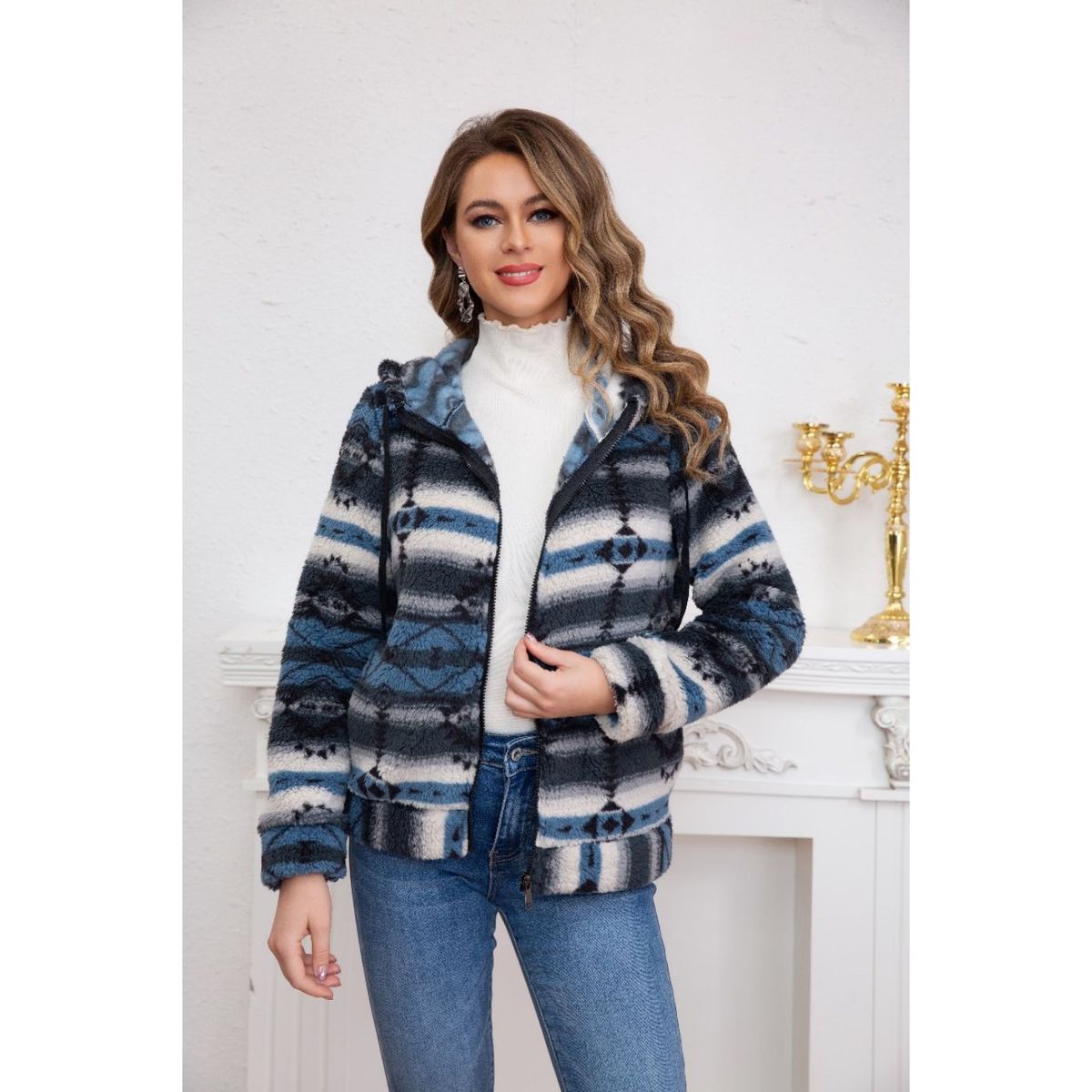 LIKE SHOP - Polerón Peludo Étnico Otoño Invierno Chaqueta Cierre Mujer 6079