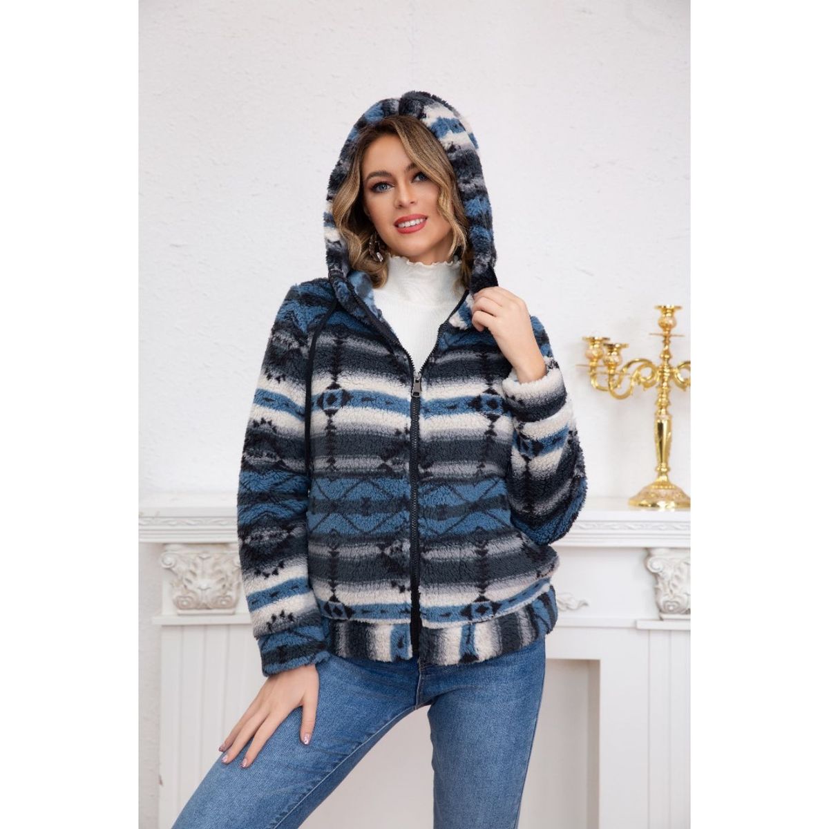 LIKE SHOP - Polerón Peludo Étnico Otoño Invierno Chaqueta Cierre Mujer 6079