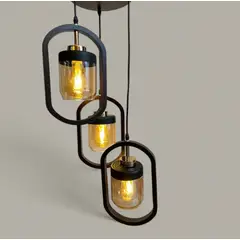 GENERICO - LAMPARA COLGANTE TRIPLE MADERA CON VIDRIOS COLOR AMBAR MODERNA