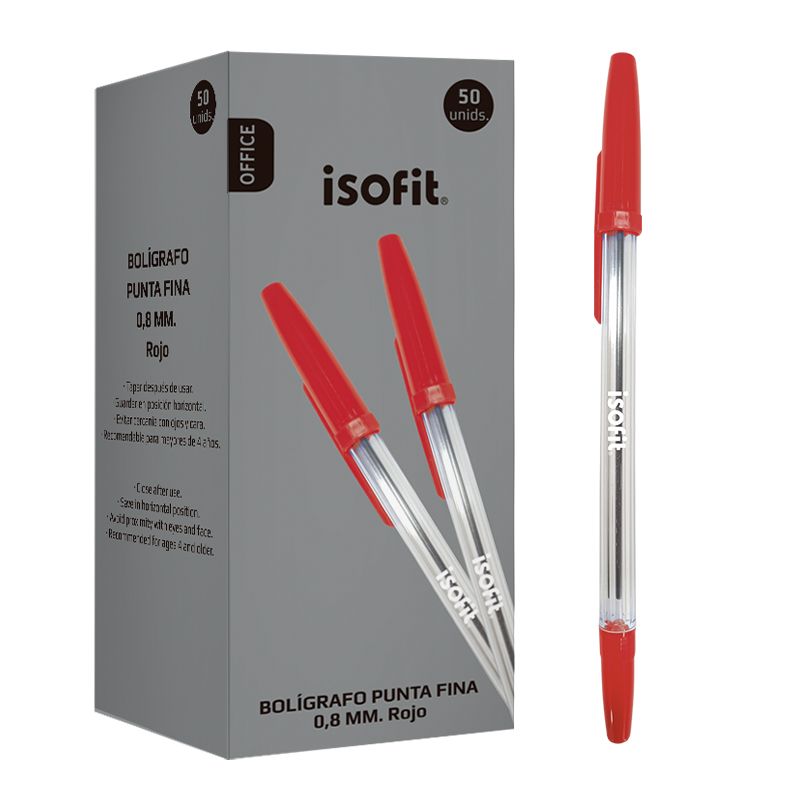 ISOFIT - Caja Boligrafo Lapiz Pasta 08 Mm Pta Fina Color Rojo 50uni