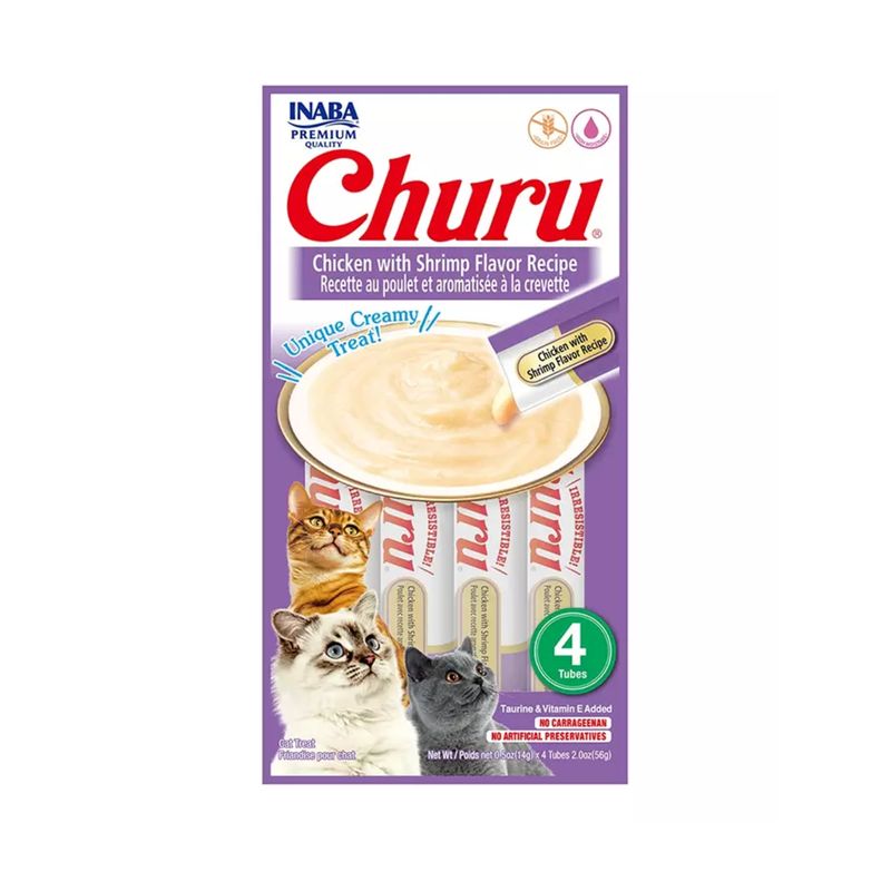 INABA - Churu Snack Gato Sabor Pollo Y Camaron 4 Tubos De 14 G 56g