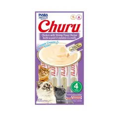 INABA - Churu Snack Gato Sabor Pollo Y Camaron 4 Tubos De 14 G 56g